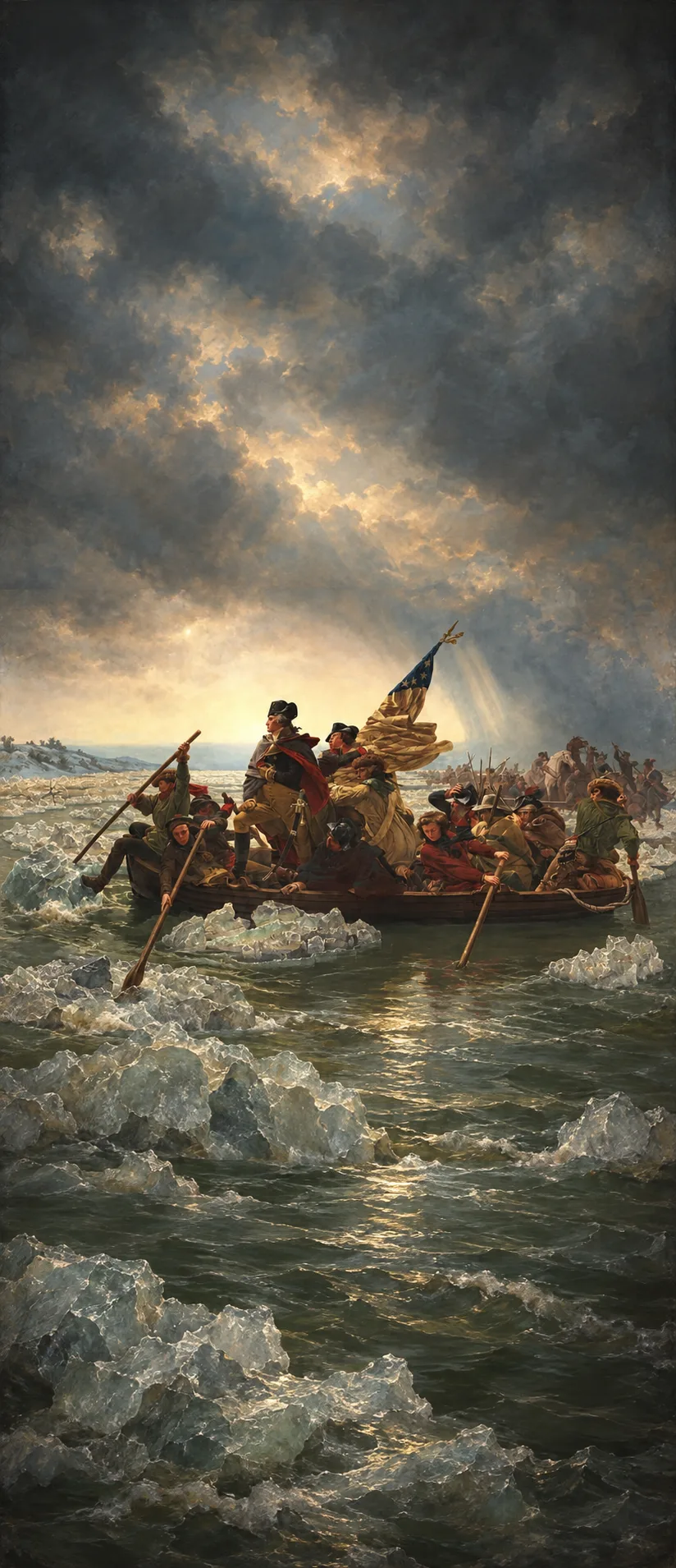 Oil painting of a crowded rowboat crossing an icy river under storm clouds